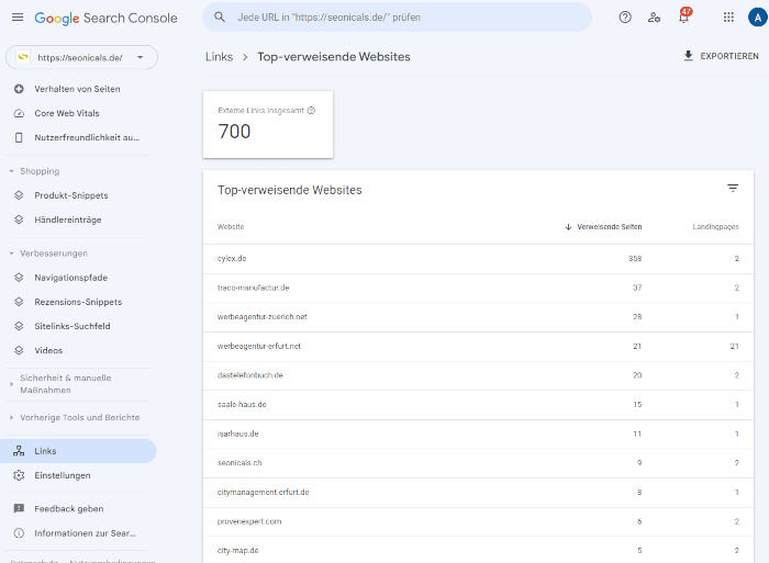 Screenshot Top-verweisender Websites für seonicals in der Google Search Console