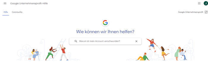 Screenshot Startseite Google Support für Unternehmensprofile