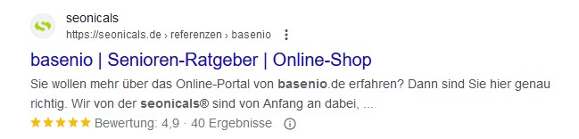 Google Snippet von seonicals® mit integrierter Sternebewertung