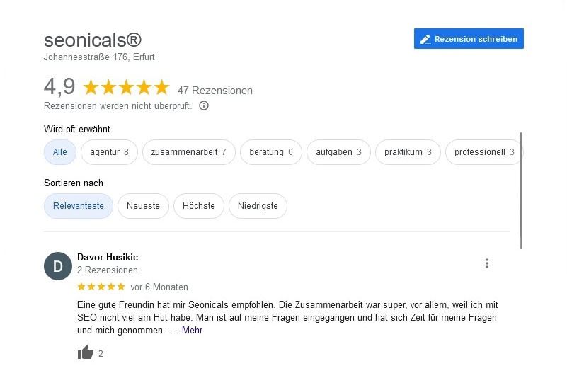 seonicals Rezensionen auf Google