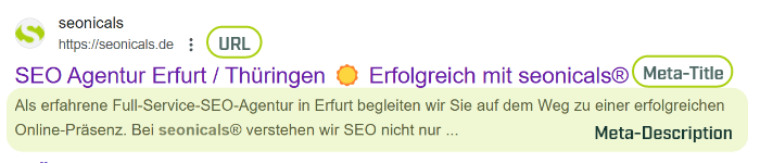 Screenshot eines Snippets mit Beschriftung der URL, des Meta-Titles und der Meta-Description.