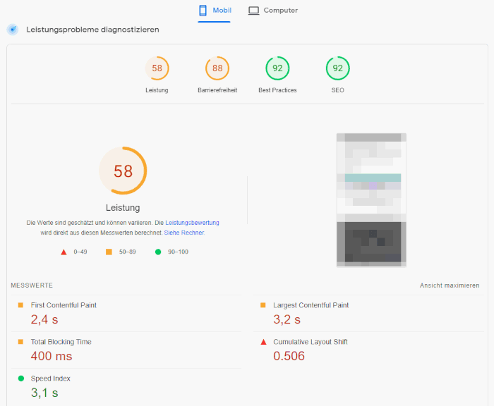 Screenshot der Ergebnisse einer Ladezeitenanalyse mit PageSpeed Insights.